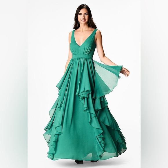 Forest Green Chiffon Dress with Layers - Picture 12 of 16